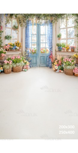 Tło fotograficzne „Wiosenna weranda z niebieskimi okiennicami i koszami kwiatów” | E680